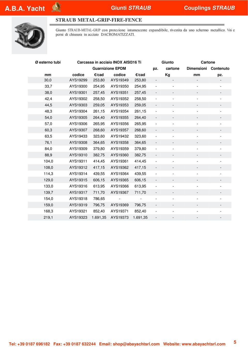 30,0 AYS19299 253,80 AYS19349 253,80 - - - - 33,7 AYS19300 254,95 AYS19350 254,95 - - - - 38,0 AYS19301 257,45 AYS19351 257,45 - - - - 42,4 AYS19302 258,50 AYS19352 258,50 - - - - 44,5 AYS19303