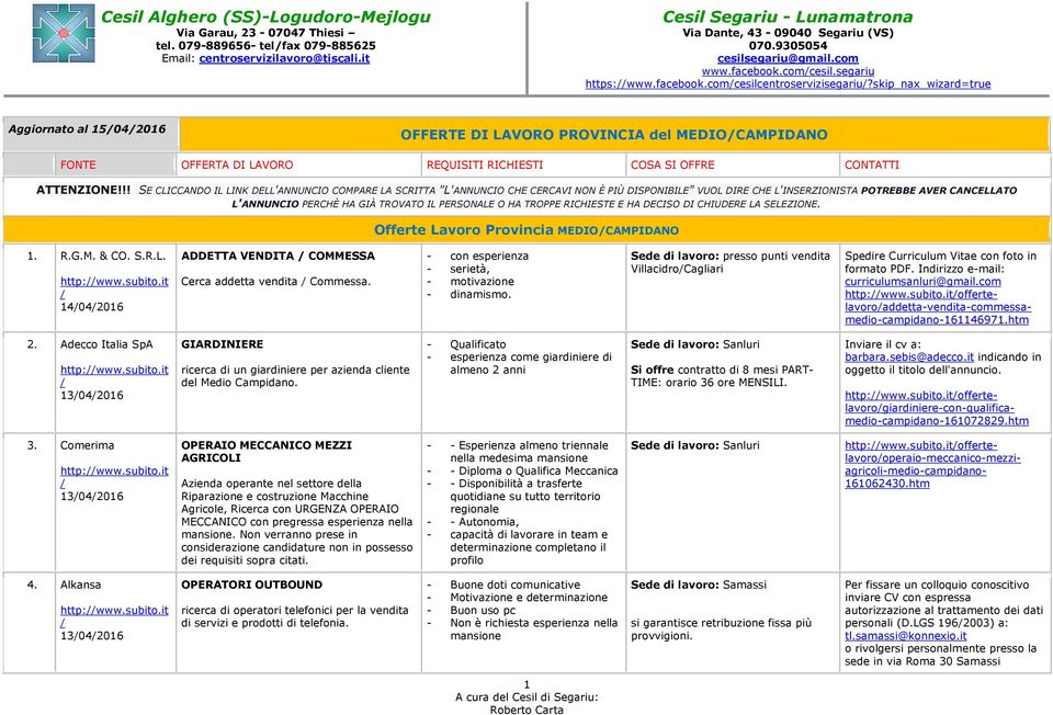 Offerte Di Lavoro Provincia Del Medio Campidano Fonte Offerta Di