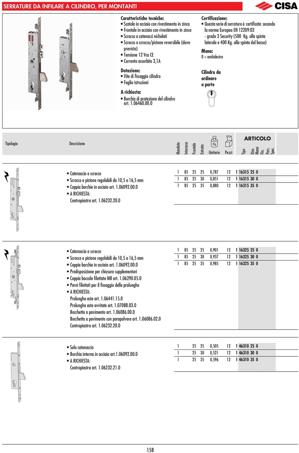 istruzioni A richiesta: Borchia di protezione del cilindro art. 1.06460.00.0 Certificazione: Questa serie di serrature è certificata secondo la norma Europea EN 1220:0 - grado Security (500 Kg.