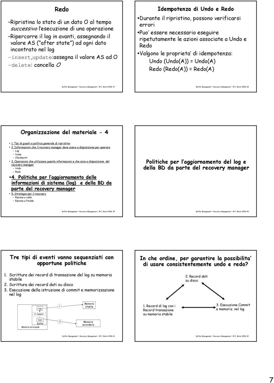 Redo Valgono le proprieta di idempotenza: ((A)) = (A) Redo (Redo(A)) = Redo(A) Buffer Management Recovery Management @ C. Batini 2006 37 Buffer Management Recovery Management @ C.