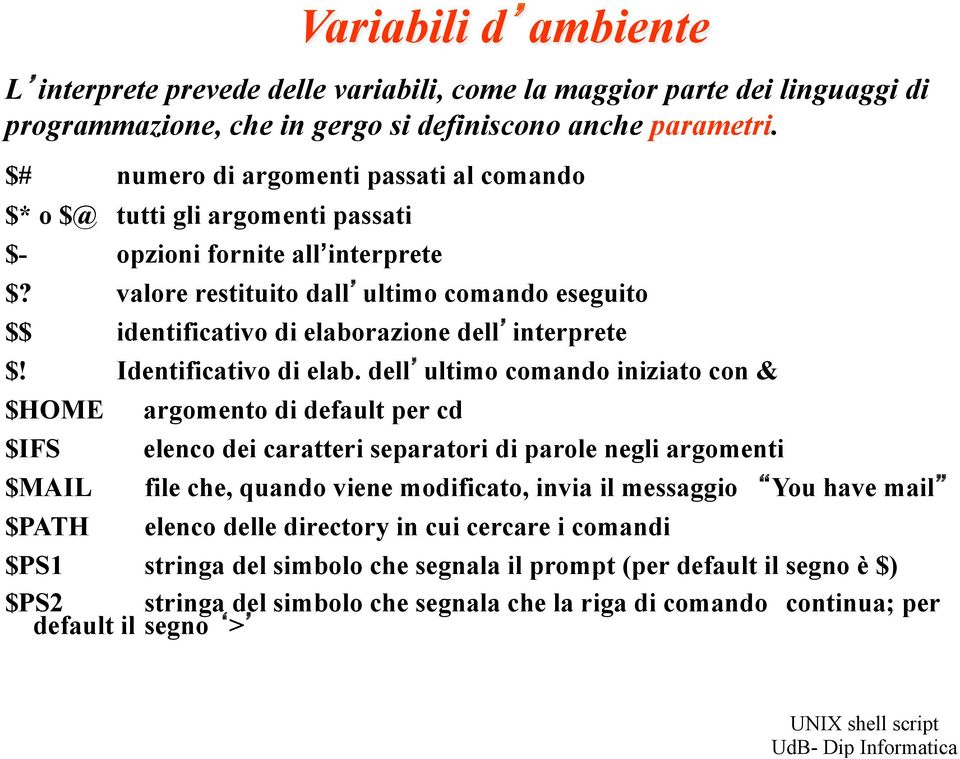 valore restituito dall ultimo comando eseguito $$ identificativo di elaborazione dell interprete $! Identificativo di elab.