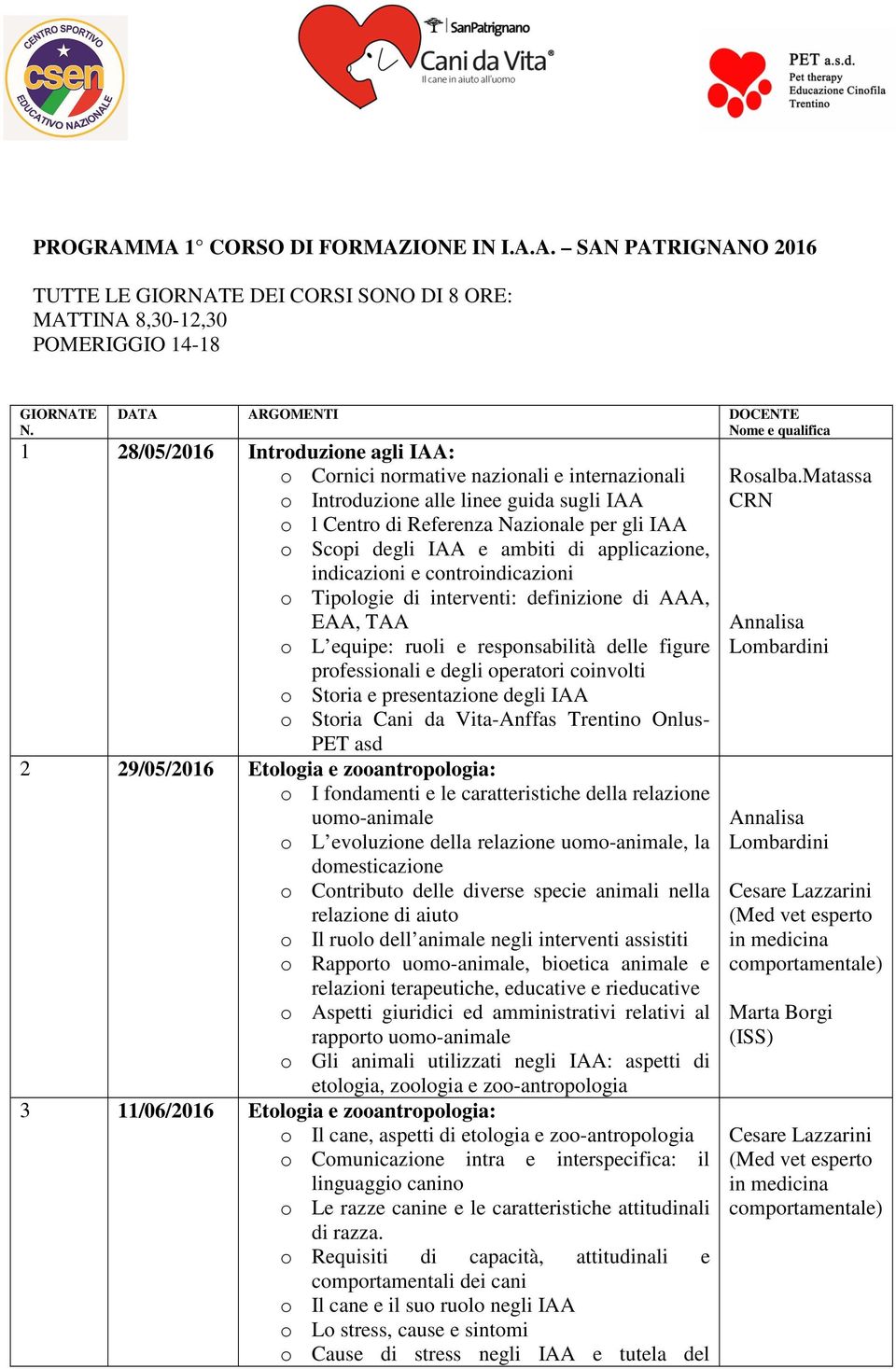 per gli IAA o Scopi degli IAA e ambiti di applicazione, indicazioni e controindicazioni o Tipologie di interventi: definizione di AAA, EAA, TAA o L equipe: ruoli e responsabilità delle figure