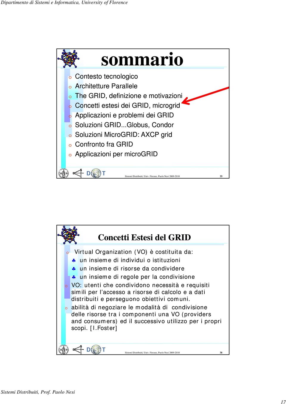 Firenze, Paolo Nesi 2009-2010 33 Concetti Estesi del GRID Virtual Organization (VO) è costituita da: un insieme di individui o istituzioni un insieme di risorse da condividere un insieme di regole