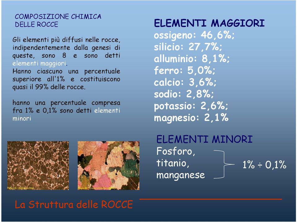 hanno una percentuale compresa fra 1% e 0,1% sono detti elementi minori ELEMENTI MAGGIORI ossigeno: 46,6%; silicio: 27,7%;