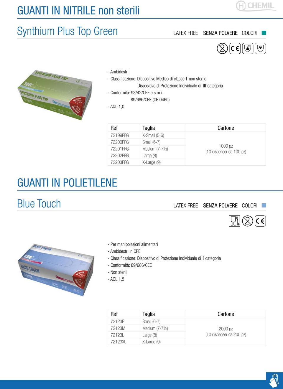POLIETILENE Blue Touch LATEX FREE - Per manipolazioni alimentari in CPE - Classificazione: Dispositivo di Protezione Individuale di I categoria -