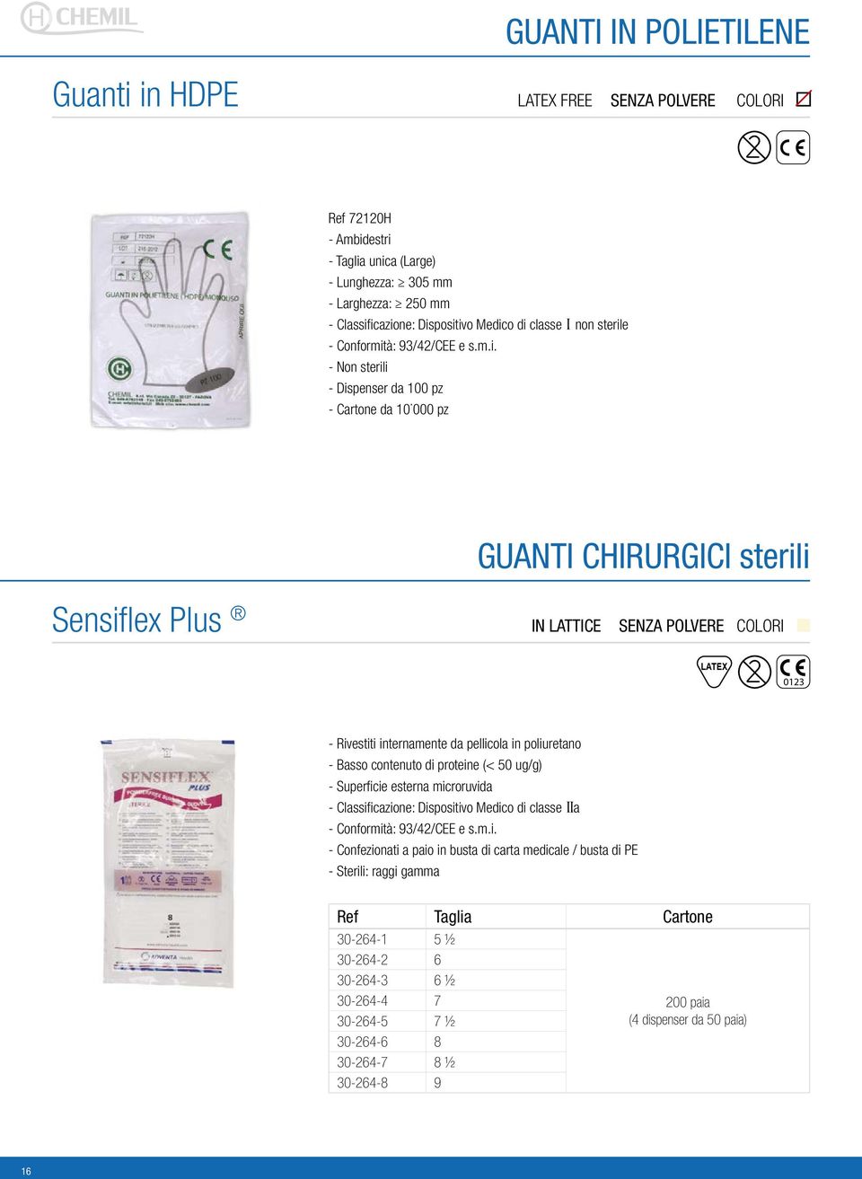 proteine (< 50 ug/g) - Superficie esterna microruvida - Classificazione: Dispositivo Medico di classe IIa - Confezionati a paio in busta di carta medicale /