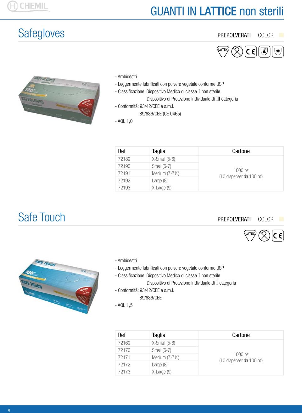 (10 dispenser da 100 pz) Safe Touch PREPOLVERATI LATEX - Leggermente lubrificati con polvere vegetale conforme USP Dispositivo di Protezione