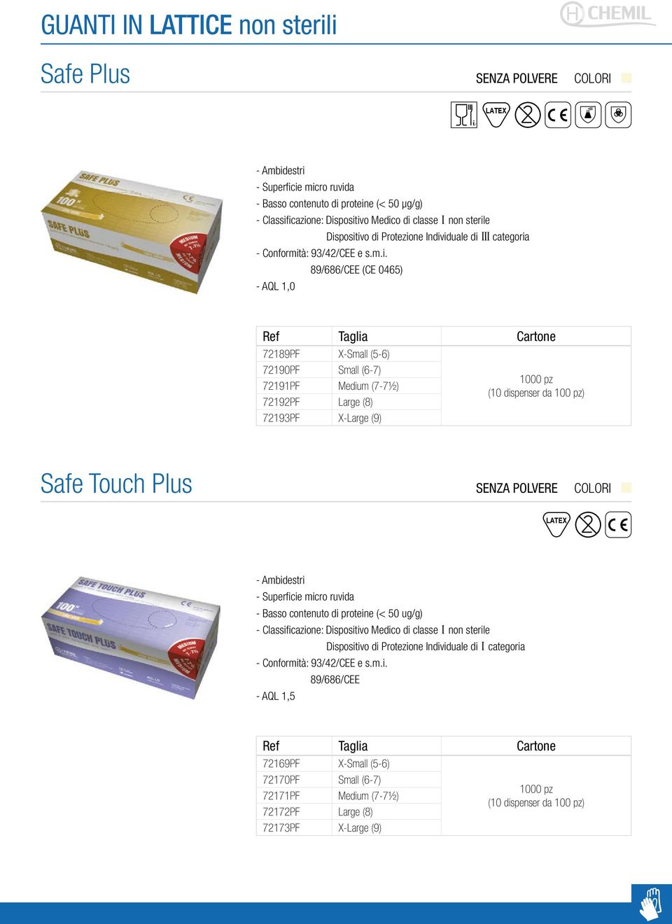 dispenser da 100 pz) Safe Touch Plus LATEX - Superficie micro ruvida - Basso contenuto di proteine (< 50 ug/g) Dispositivo di Protezione Individuale di I