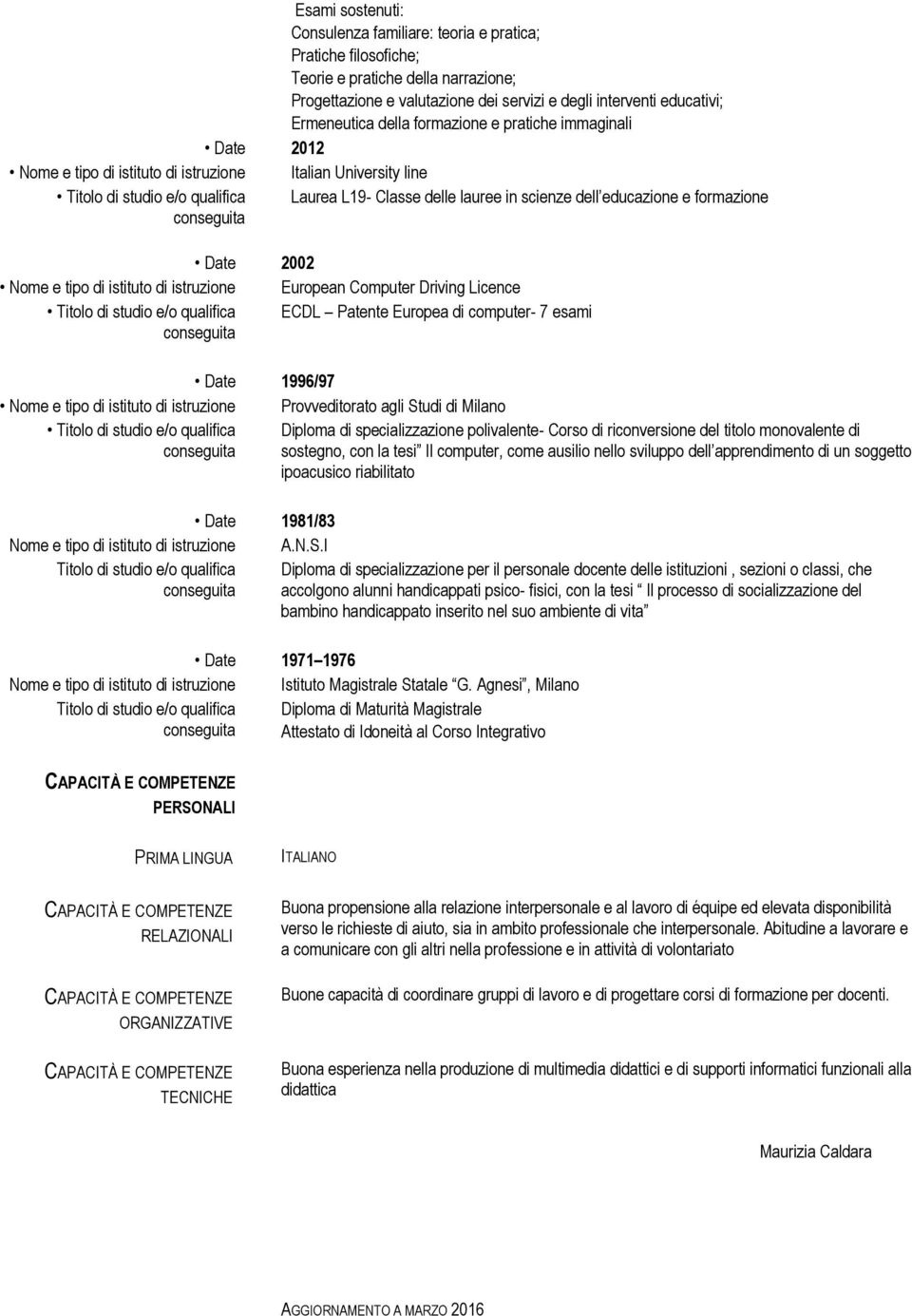 formazione 2002 Nome e tipo di istituto di istruzione European Computer Driving Licence Titolo di studio e/o qualifica ECDL Patente Europea di computer- 7 esami 1996/97 Nome e tipo di istituto di