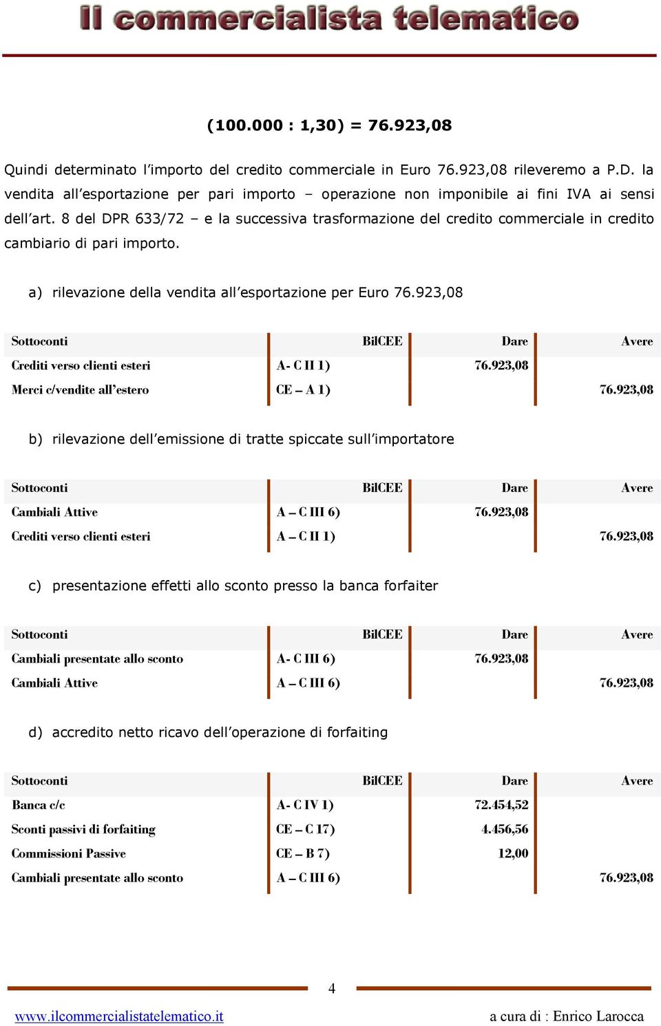 8 del DPR 633/72 e la successiva trasformazione del credito commerciale in credito cambiario di pari importo. a) rilevazione della vendita all esportazione per Euro 76.