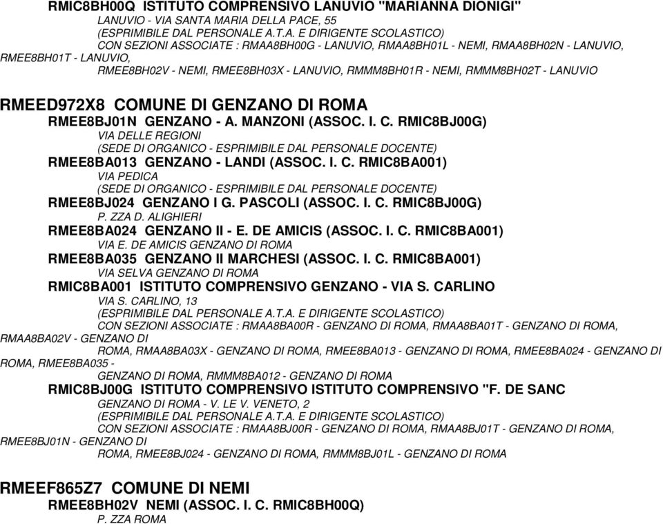 I. C. RMIC8BA001) VIA PEDICA RMEE8BJ024 GENZANO I G. PASCOLI (ASSOC. I. C. RMIC8BJ00G) P. ZZA D. ALIGHIERI RMEE8BA024 GENZANO II - E. DE AMICIS (ASSOC. I. C. RMIC8BA001) VIA E.