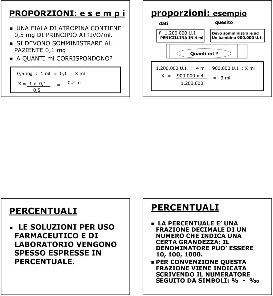 000 U.I. : X ml X = 900.000 x 4 Quanti ml? 1.200.000 = 3 ml PERCENTUALI LE SOLUZIONI PER USO FARMACEUTICO E DI LABORATORIO VENGONO SPESSO ESPRESSE IN PERCENTUALE.