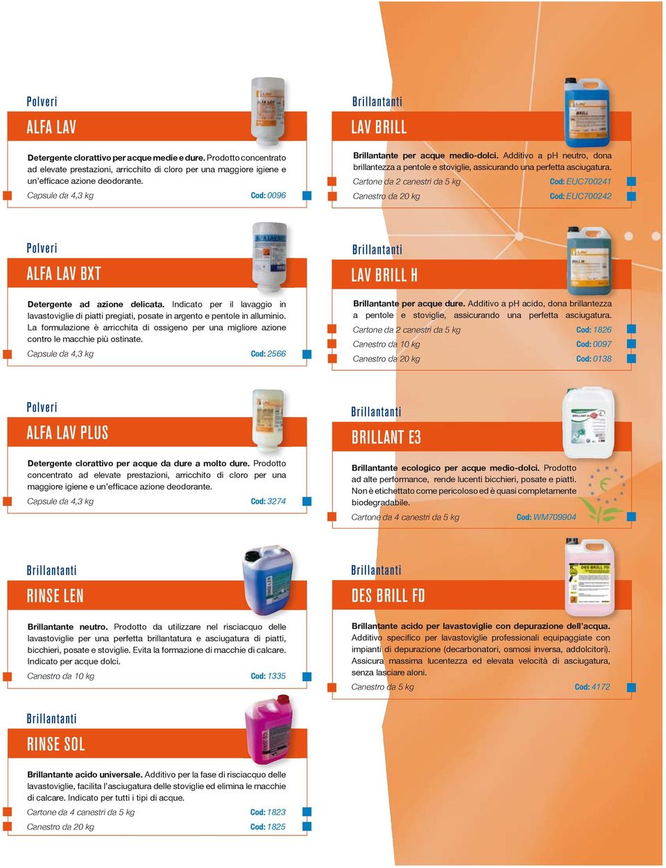 Cartone da 2 canestri da 5 kg Cod: EUC700241 Canestro da 20 kg Cod: EUC700242 Polveri ALFA LAV BXT Detergente ad azione delicata.