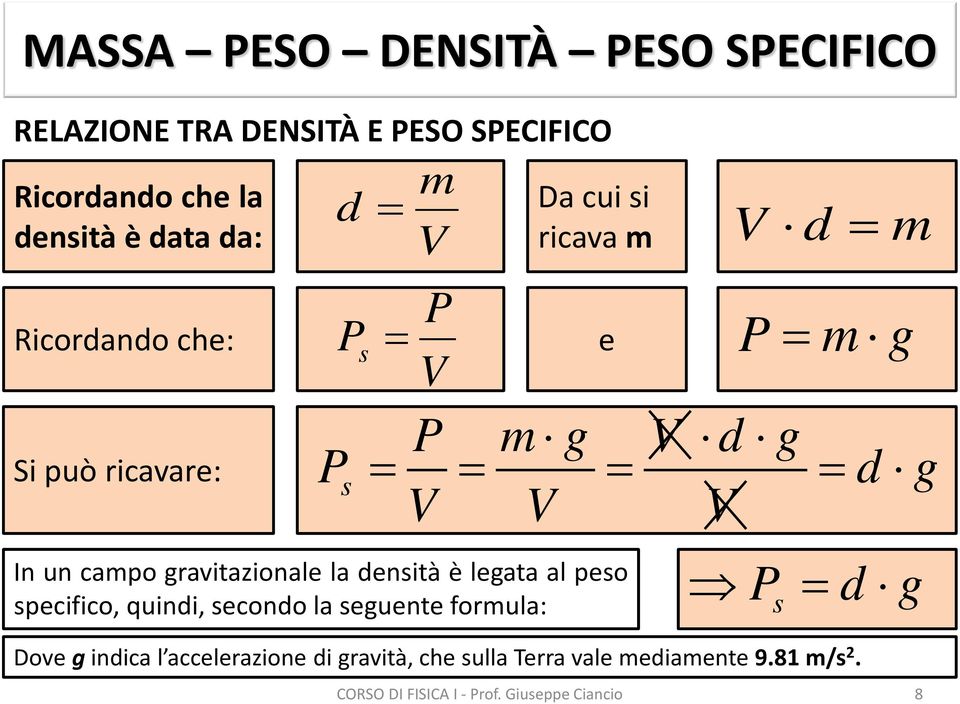 un capo gravitazionale la densità è legata al peso specifico, quindi, secondo la seguente