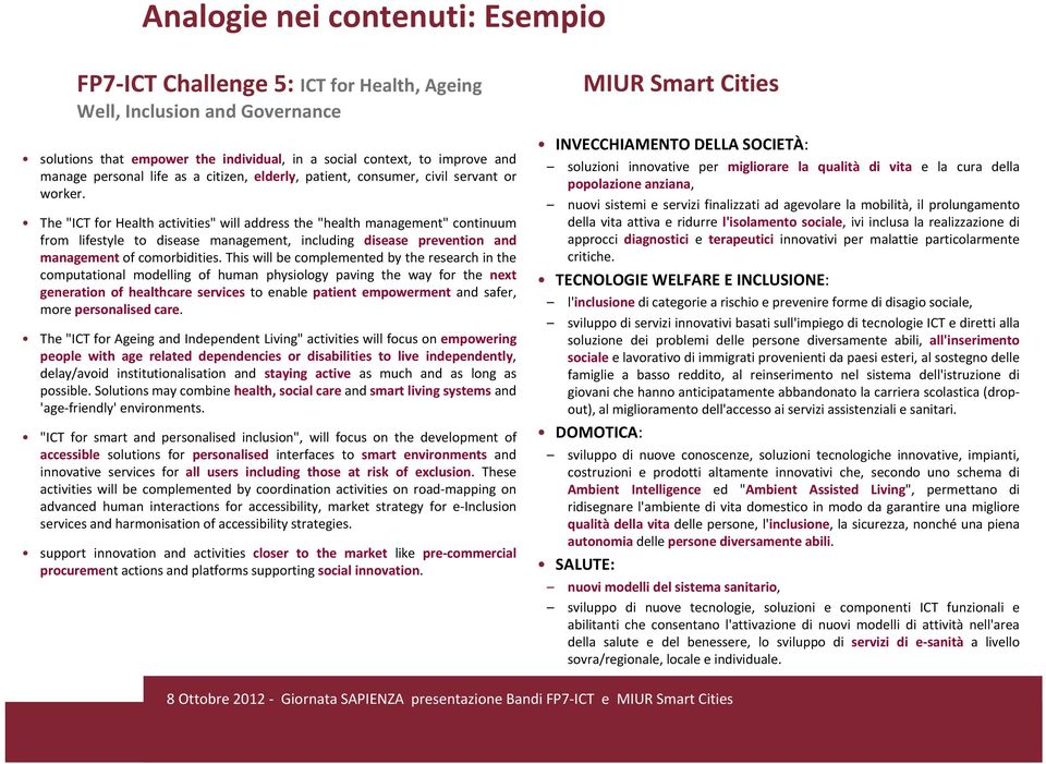 The "ICT for Health activities" will address the "health management" continuum from lifestyle to disease management, including disease prevention and management of comorbidities.