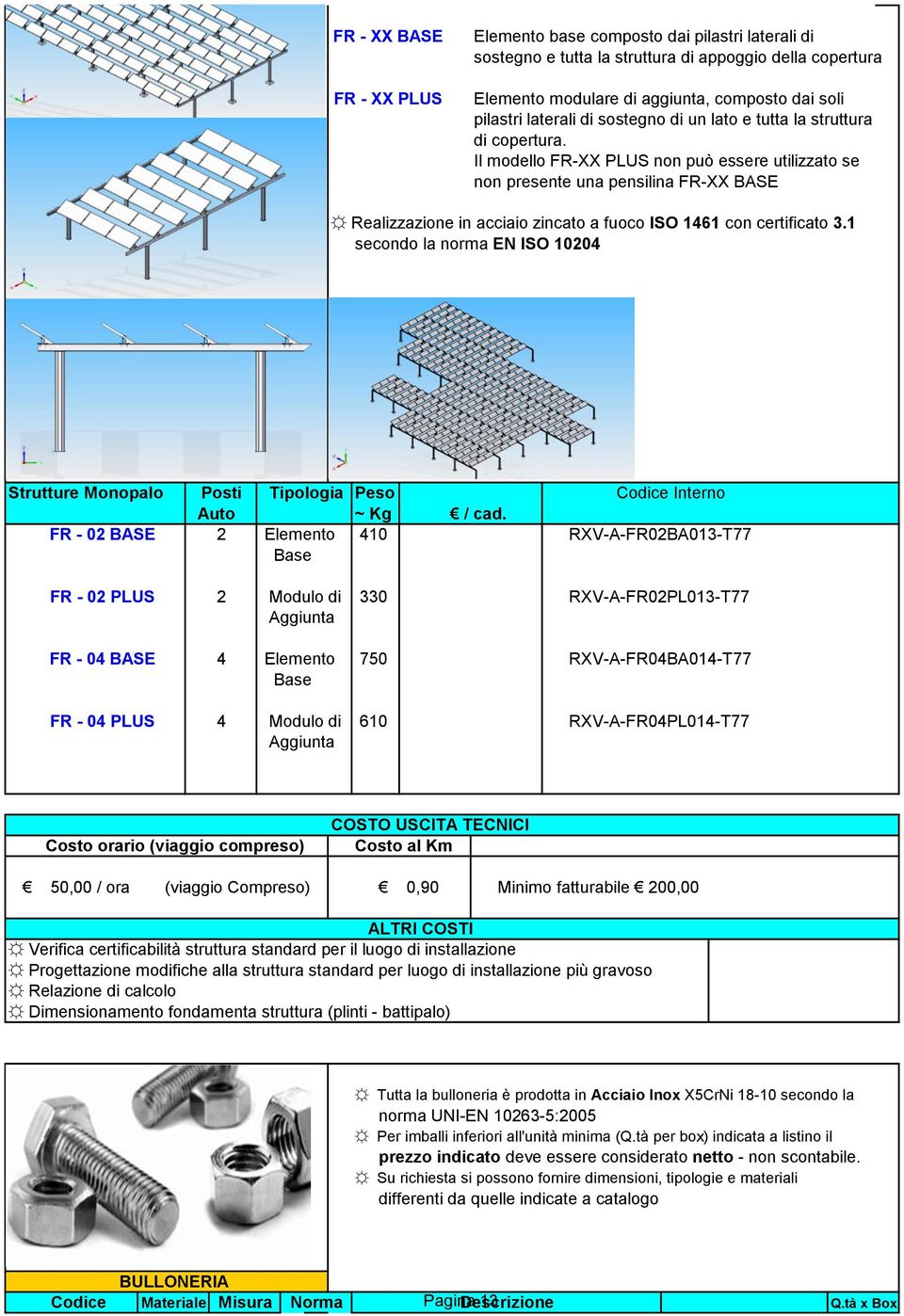 Il modello FR-XX PLUS non può essere utilizzato se non presente una pensilina FR-XX BASE Realizzazione in acciaio zincato a fuoco ISO 1461 con certificato 3.