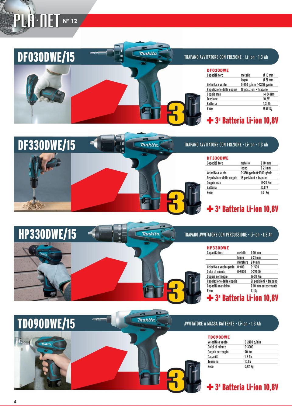 mm 0-50 g/min 0-100 g/min Regolazione della coppia 18 posizioni + trapano Coppia max 14-24 Nm Batteria 10,8 V 1,0 Kg a Batteria Li-ion 10,8V TRAPANO AVVITATORE CON PERCUSSIONE - Li-ion - 1, Ah HP0DWE