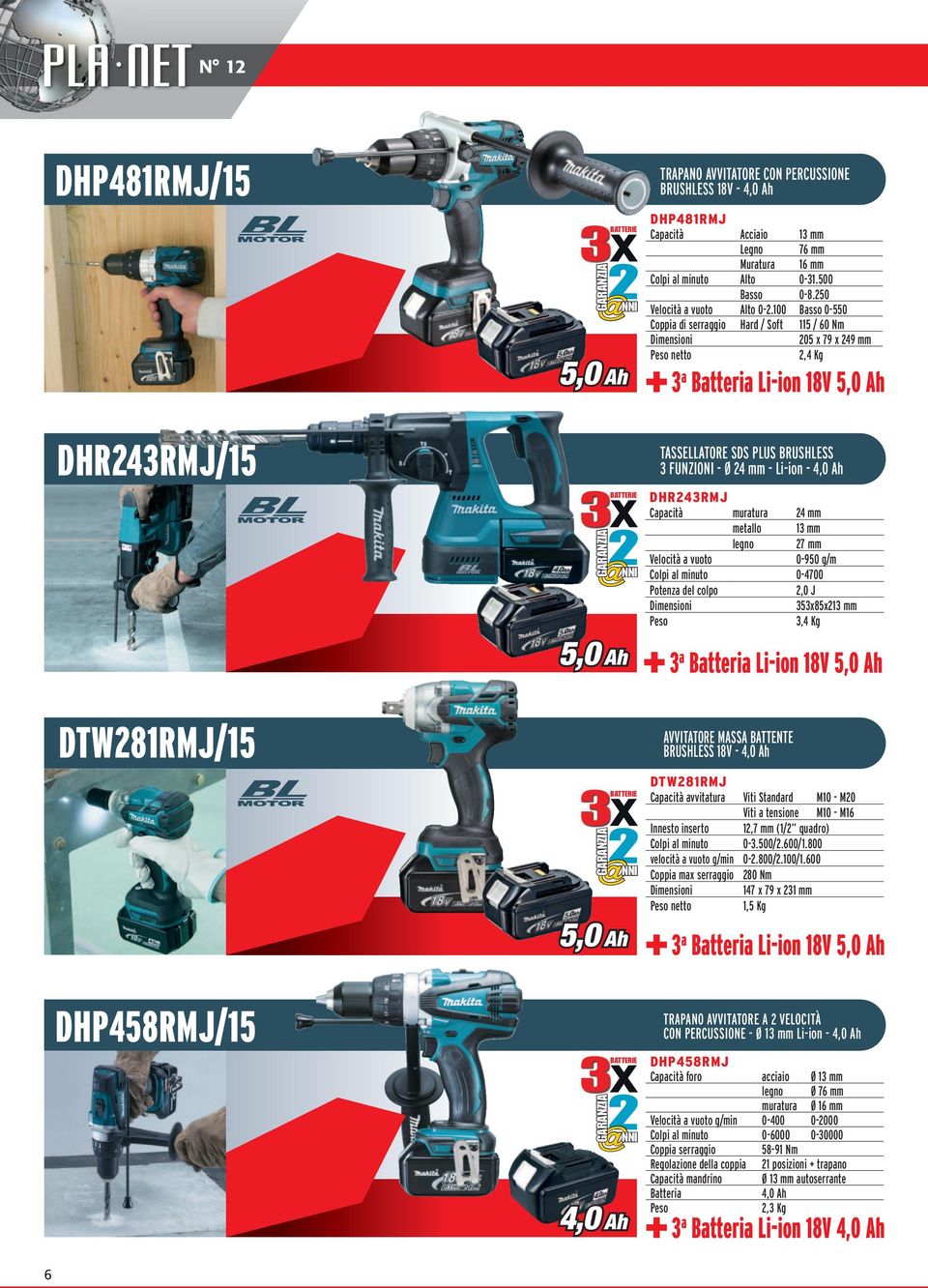 100 Basso 0-550 Coppia di serraggio Hard / Soft 115 / 60 Nm 205 x 79 x 249 mm netto 2,4 Kg a Batteria Li-ion 18V 5,0 Ah TASSELLATORE SDS PLUS BRUSHLESS FUNZIONI - Ø 24 mm - Li-ion - 4,0 Ah DHR24RMJ