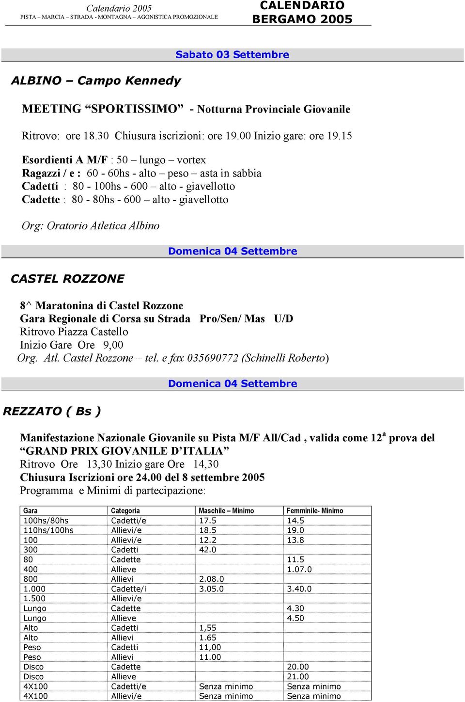 Albino CASTEL ROZZONE Domenica 04 Settembre 8^ Maratonina di Castel Rozzone Gara Regionale di Corsa su Strada Pro/Sen/ Mas U/D Ritrovo Piazza Castello Inizio Gare Ore 9,00 Org. Atl.