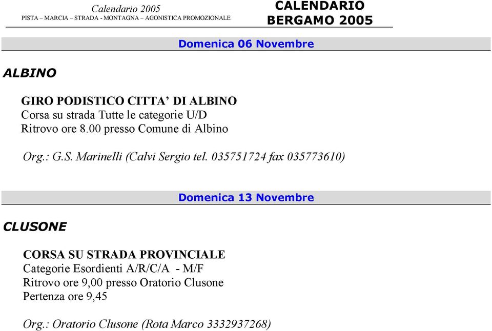 035751724 fax 035773610) CLUSONE CORSA SU STRADA PROVINCIALE Categorie Esordienti A/R/C/A - M/F