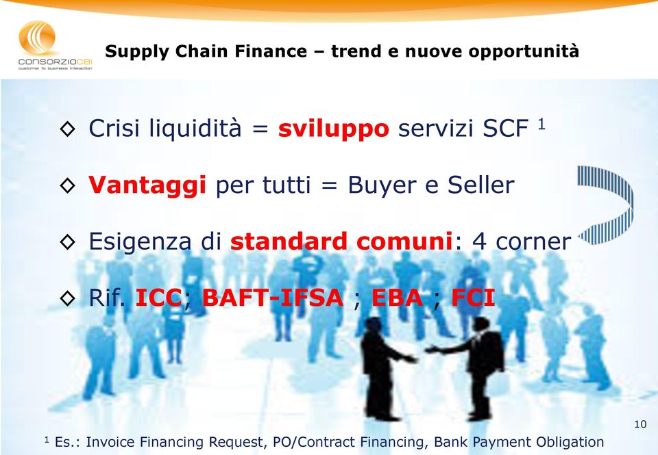 di standard comuni: 4 corner Rif. ICC; BAFT-IFSA ; EBA ; FCI 1 Es.