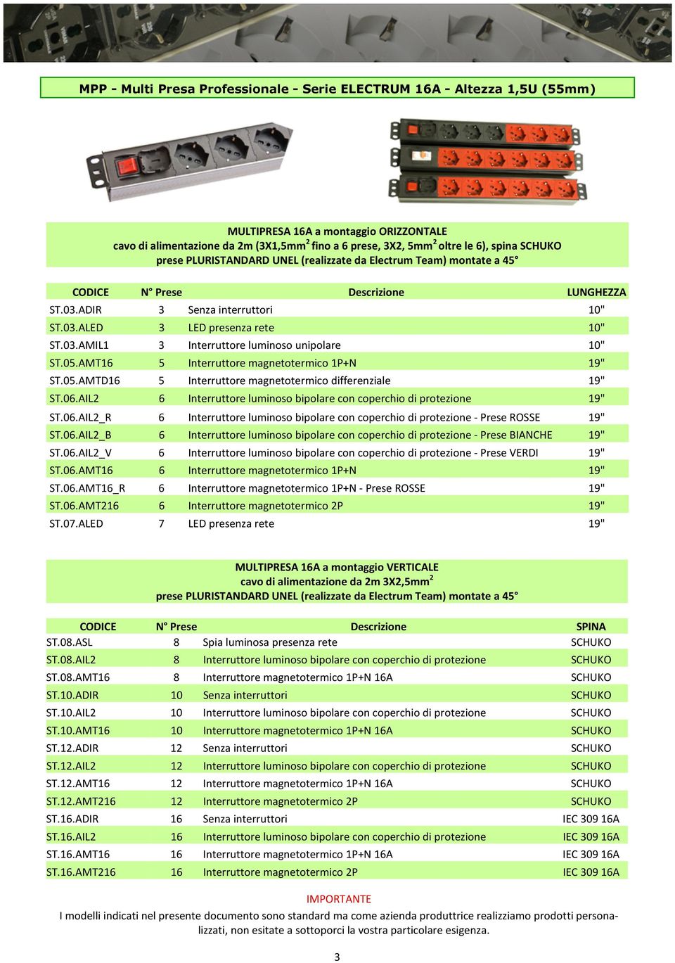 05.AMT16 5 Interruttore magnetotermico 1P+N ST.05.AMTD16 5 Interruttore magnetotermico differenziale ST.06.AIL2 6 Interruttore luminoso bipolare con coperchio di protezione ST.06.AIL2_R 6 Interruttore luminoso bipolare con coperchio di protezione - Prese ROSSE ST.