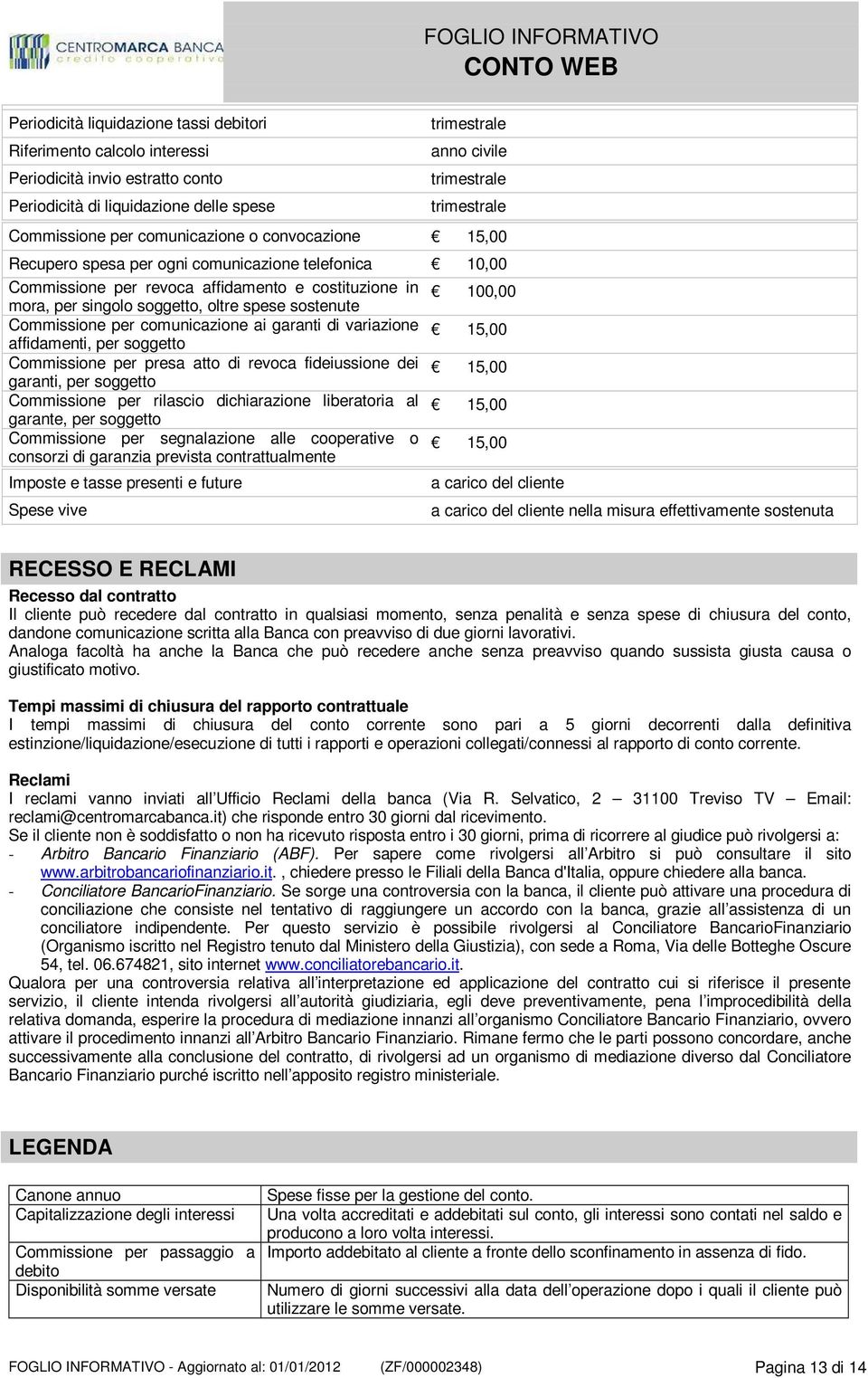 sostenute 100,00 Commissione per comunicazione ai garanti di variazione affidamenti, per soggetto 15,00 Commissione per presa atto di revoca fideiussione dei garanti, per soggetto 15,00 Commissione