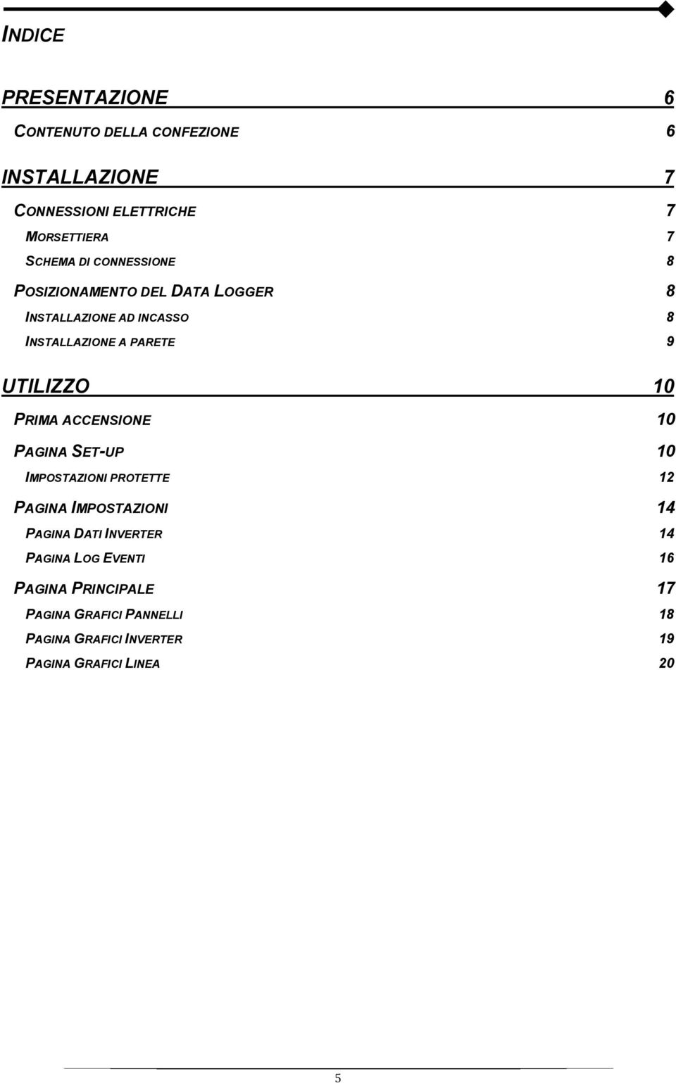 PRIMA ACCENSIONE 10 PAGINA SET-UP 10 IMPOSTAZIONI PROTETTE 12 PAGINA IMPOSTAZIONI 14 PAGINA DATI INVERTER 14