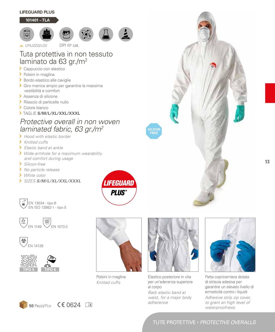 bianco TAGLIE S/M/L/XL/XXL/XXXL Protective overall in non woven laminated fabric, 63 gr.