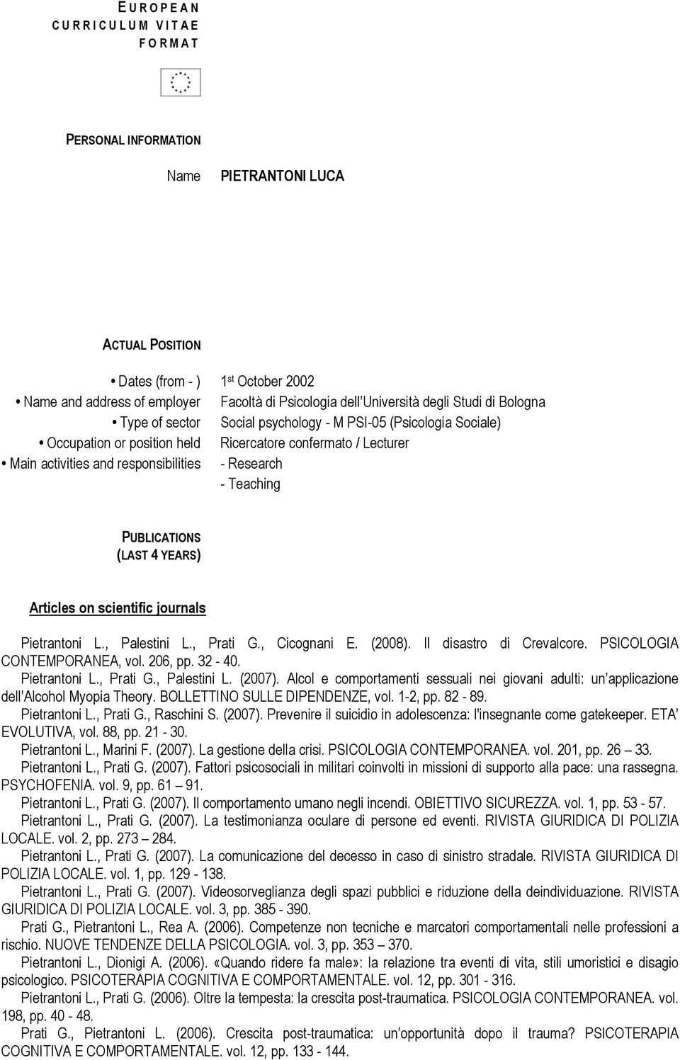 responsibilities - Research - Teaching PUBLICATIONS (LAST 4 YEARS) Articles on scientific journals Pietrantoni L., Palestini L., Prati G., Cicognani E. (2008). Il disastro di Crevalcore.