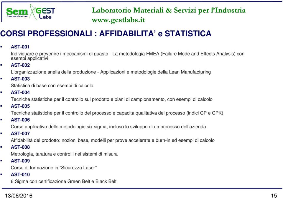 prodotto e piani di campionamento, con esempi di calcolo AST-005 Tecniche statistiche per il controllo del processo e capacità qualitativa del processo (indici CP e CPK) AST-006 Corso applicativo