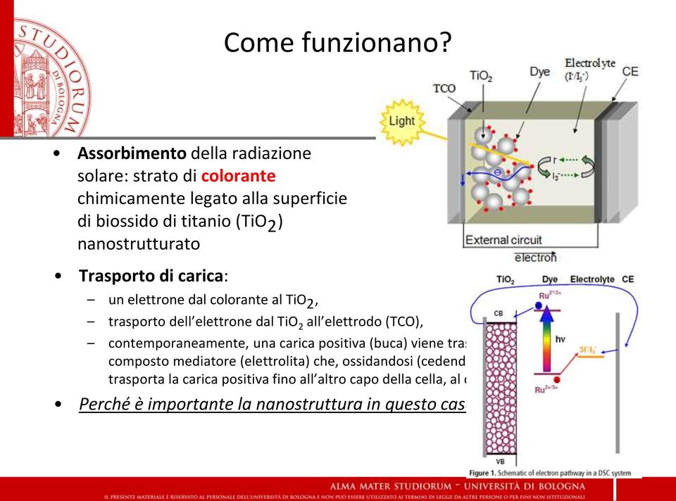 Trasporto di carica: un elettrone dal colorante al TiO 2, trasporto dell elettrone dal TiO 2 all elettrodo (TCO), contemporaneamente, una