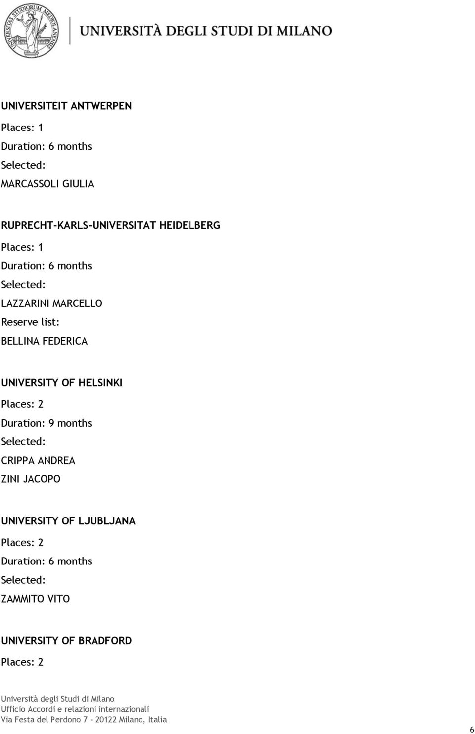 Reserve list: BELLINA FEDERICA UNIVERSITY OF HELSINKI