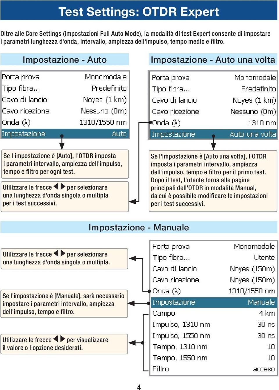 Utilizzare le frecce per selezionare una lunghezza d'onda singola o multipla per i test successivi.