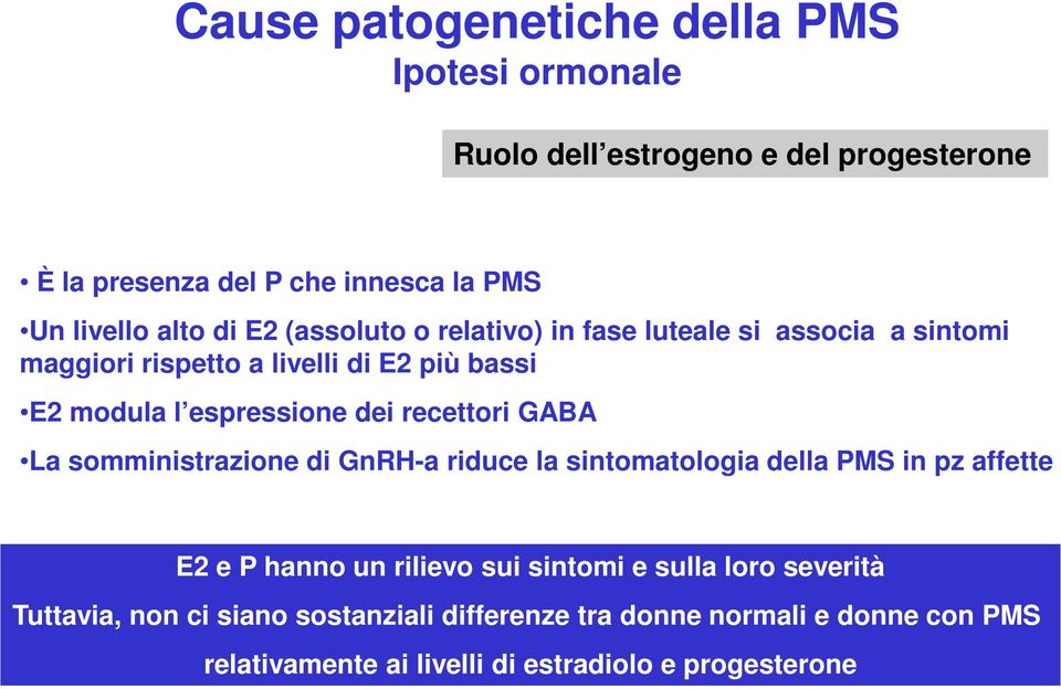 dei recettori GABA La somministrazione di GnRH-a riduce la sintomatologia della PMS in pz affette E2 e P hanno un rilievo sui sintomi e