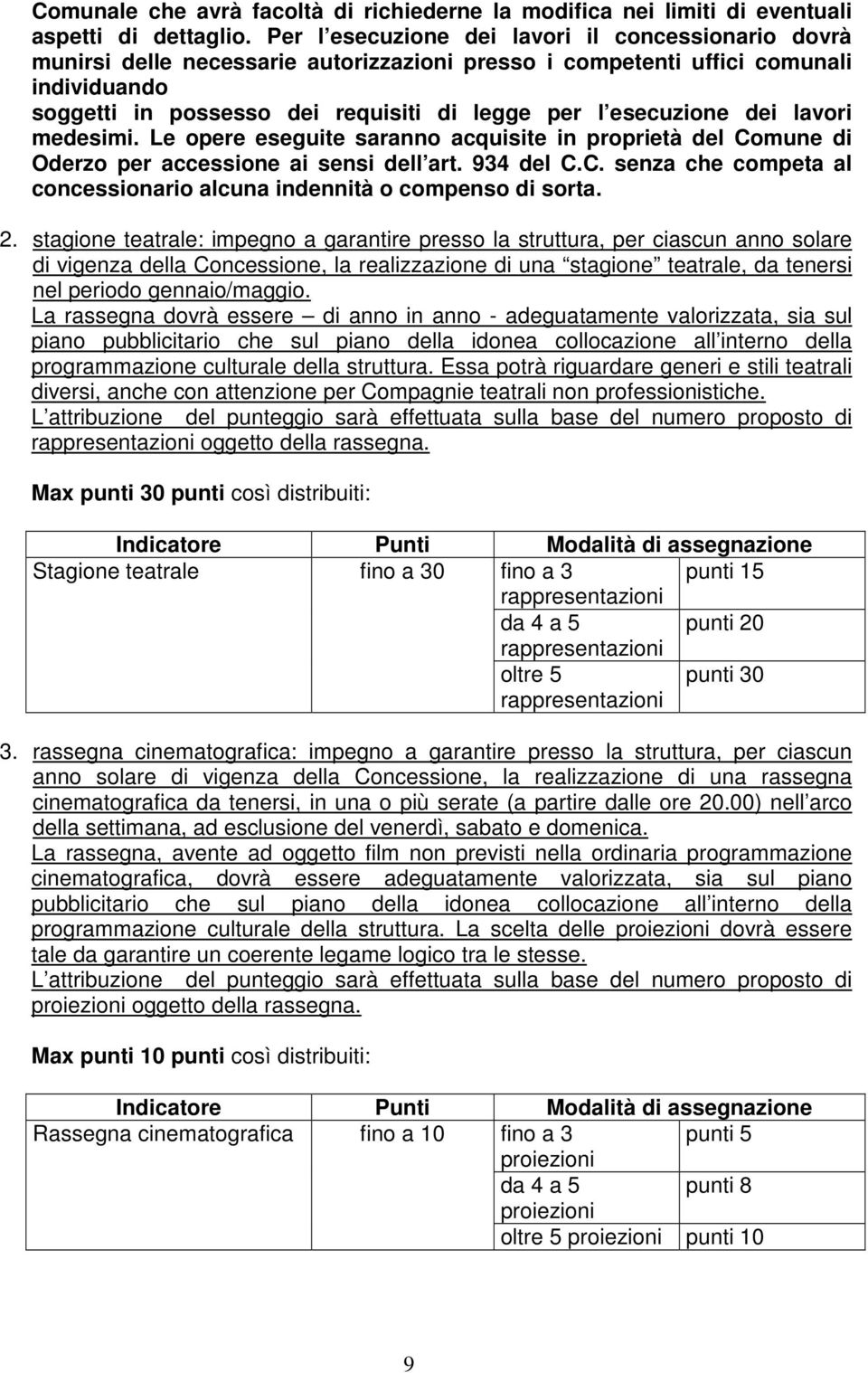 esecuzione dei lavori medesimi. Le opere eseguite saranno acquisite in proprietà del Comune di Oderzo per accessione ai sensi dell art. 934 del C.C. senza che competa al concessionario alcuna indennità o compenso di sorta.