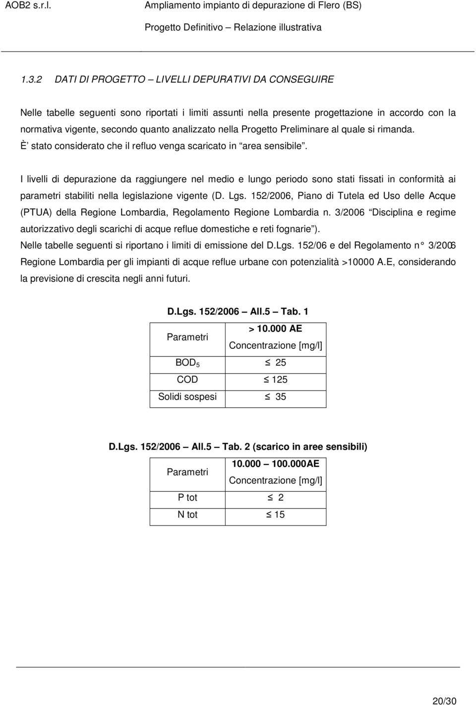 I livelli di depurazione da raggiungere nel medio e lungo periodo sono stati fissati in conformità ai parametri stabiliti nella legislazione vigente (D. Lgs.