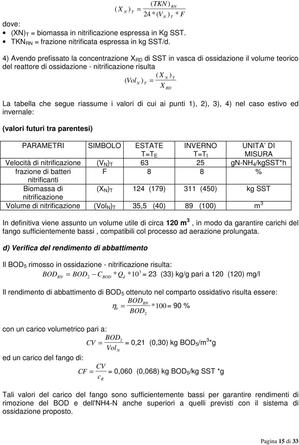 riassume i valori di cui ai punti 1), 2), 3), 4) nel caso estivo ed invernale: (valori futuri tra parentesi) PARAMETRI SIMBOLO ESTATE T=T E INVERNO T=T I UNITA DI Velocità di nitrificazione (V N ) T