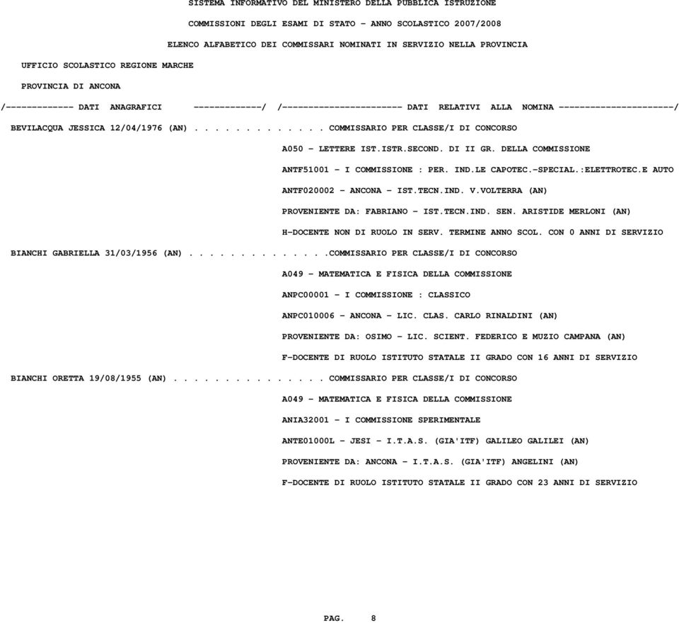 .............COMMISSARIO PER CLASSE/I DI CONCORSO A049 - MATEMATICA E FISICA DELLA COMMISSIONE ANPC00001 - I COMMISSIONE : CLASSICO ANPC010006 - ANCONA - LIC. CLAS. CARLO RINALDINI (AN) PROVENIENTE DA: OSIMO - LIC.