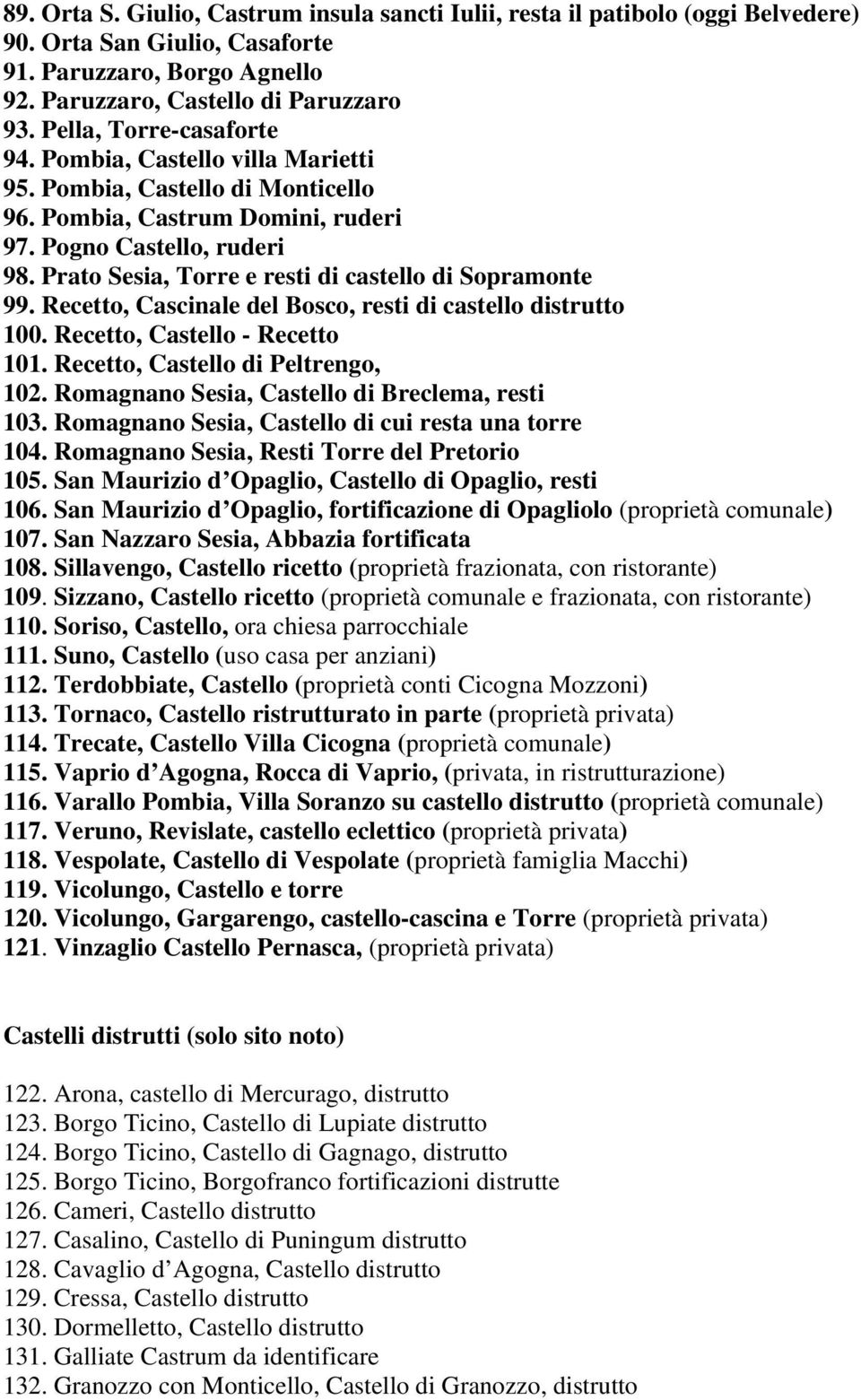 Prato Sesia, Torre e resti di castello di Sopramonte 99. Recetto, Cascinale del Bosco, resti di castello distrutto 100. Recetto, Castello - Recetto 101. Recetto, Castello di Peltrengo, 102.