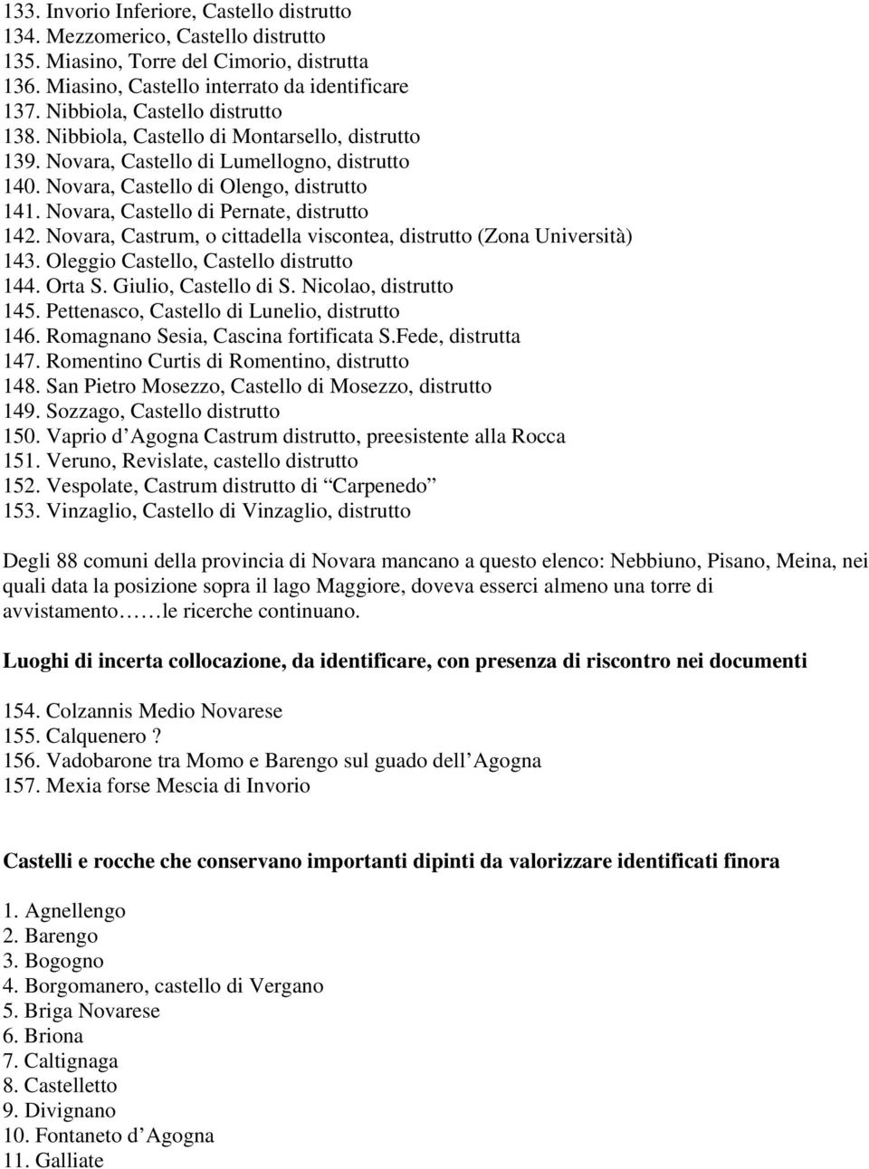 Novara, Castello di Pernate, distrutto 142. Novara, Castrum, o cittadella viscontea, distrutto (Zona Università) 143. Oleggio Castello, Castello distrutto 144. Orta S. Giulio, Castello di S.