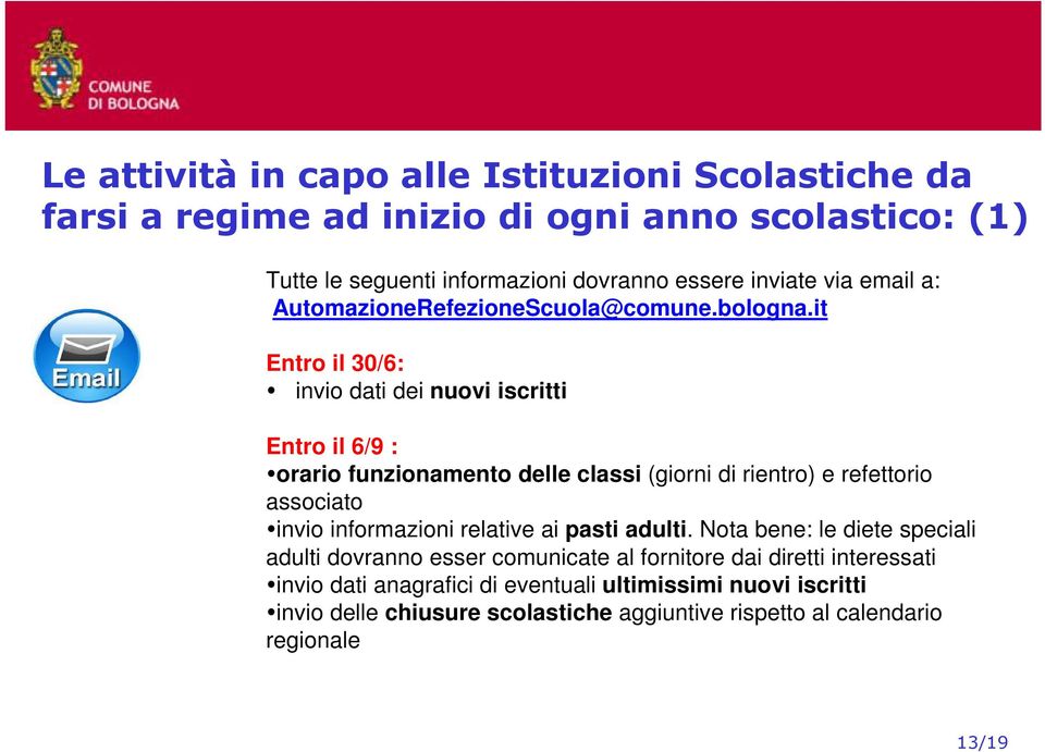 it Entro il 30/6: invio dati dei nuovi iscritti Entro il 6/9 : orario funzionamento delle classi (giorni di rientro) e refettorio associato invio informazioni