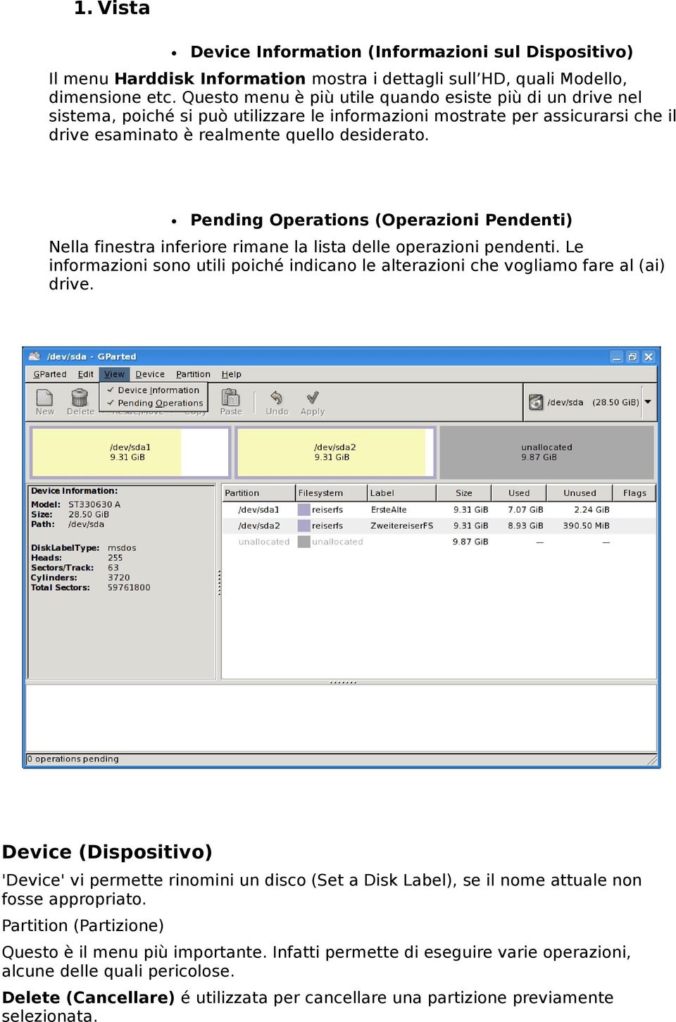 Pending Operations (Operazioni Pendenti) Nella finestra inferiore rimane la lista delle operazioni pendenti. Le informazioni sono utili poiché indicano le alterazioni che vogliamo fare al (ai) drive.