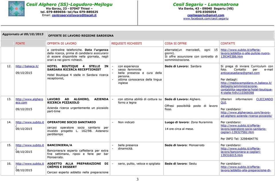 Si offre assunzione con contratto di somministrazione. http:www.subito.itofferte- lavoroaddetta-o-alle-pulizie-nuoro- 139345386.htm 12. http:bakeca.