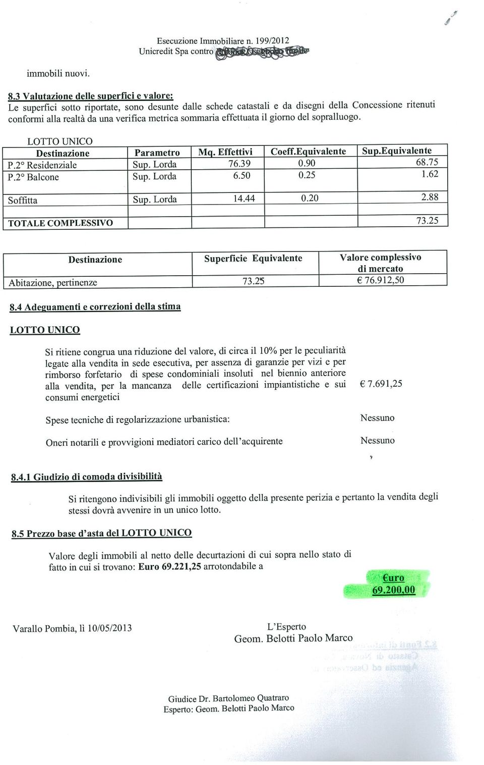 effettuata il giorno del sopralluogo. Destinazione Parametro Mg. Effettivi Coeff.Eguivalente Sup.Equivalente P.2 Residenziale Sup. Lorda 76.39 0.90 68.75 P.2 Balcone Sup. Lorda 6.50 0.25 1.