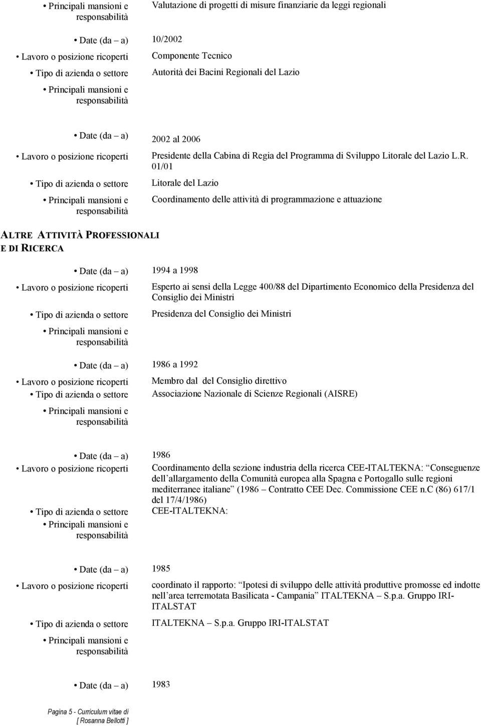 a 1998 Date (da a) 1986 a 1992 Esperto ai sensi della Legge 400/88 del Dipartimento Economico della Presidenza del Consiglio dei Ministri Presidenza del Consiglio dei Ministri Membro dal del