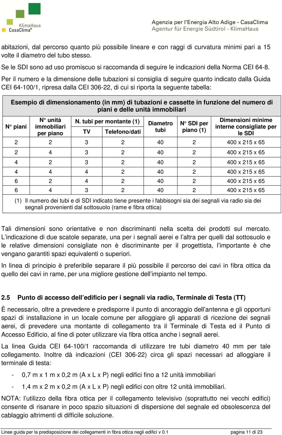 Per il numero e la dimensione delle tubazioni si consiglia di seguire quanto indicato dalla Guida CEI 64-100/1, ripresa dalla CEI 306-22, di cui si riporta la seguente tabella: Esempio di