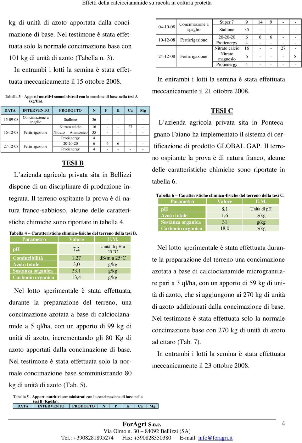 DATA INTERVENTO PRODOTTO N P K Ca Mg 15-09-08 Concimazione a spaglio 16-12-08 Fertirrigazione 27-12-08 Fertirrigazione TESI B L azienda agricola privata sita in Bellizzi dispone di un disciplinare di