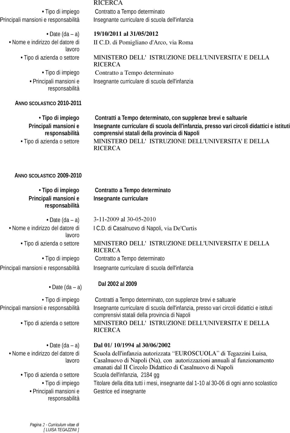 di Pomigliano d'arco, via Roma Principali mansioni e Insegnante curriculare di scuola responsabilità ANNO SCOLASTICO 2010-2011 Tipo di impiego Contratti a Tempo determinato, con supplenze brevi e