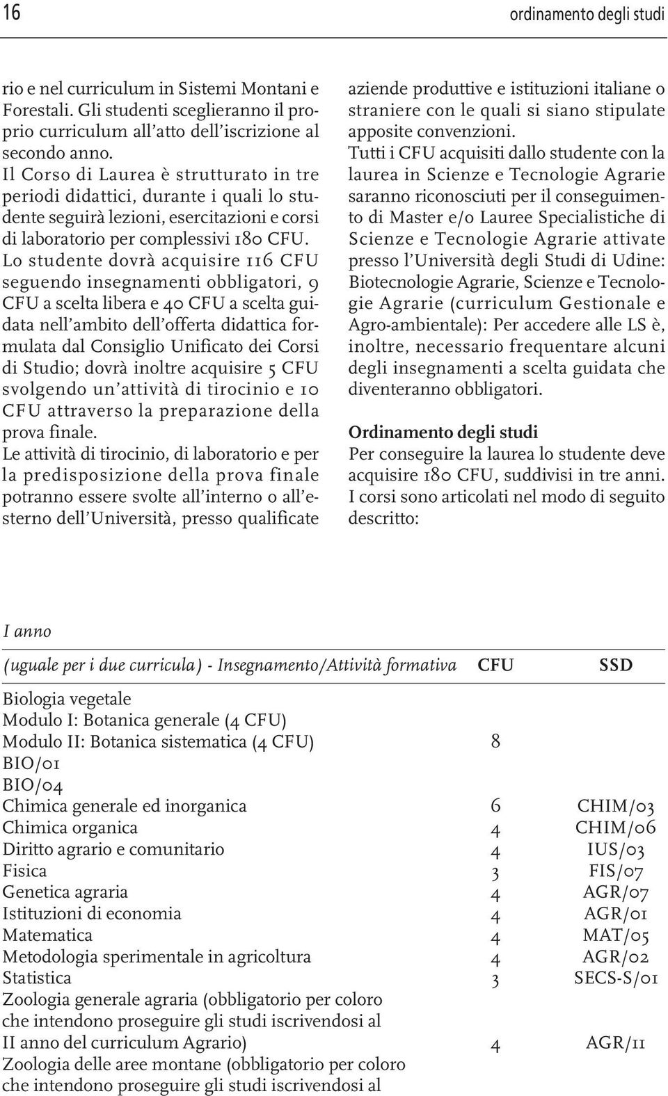 Lo studente dovrà acquisire 116 CFU seguendo insegnamenti obbligatori, 9 CFU a scelta libera e 40 CFU a scelta guidata nell ambito dell offerta didattica formulata dal Consiglio Unificato dei Corsi